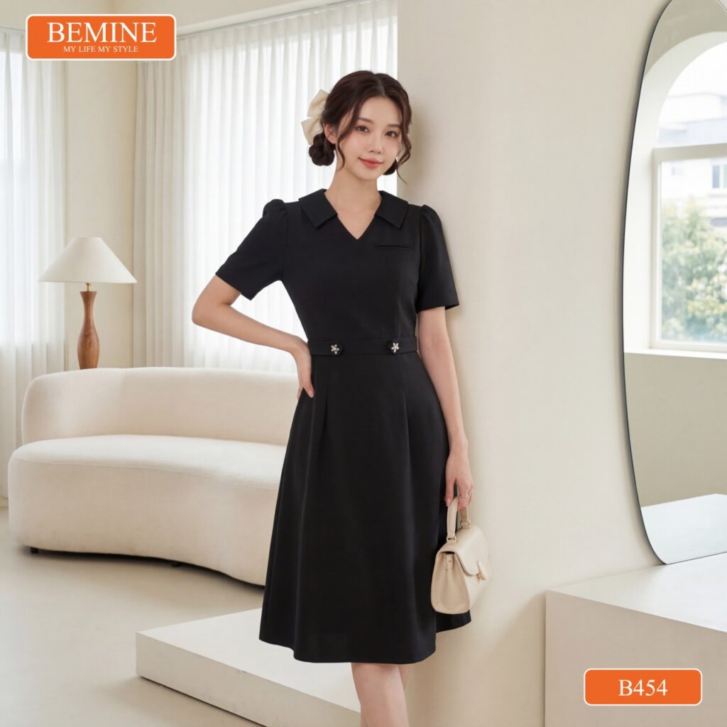 Chi tiết cổ sơ mi tinh tế trên mẫu đầm thiết kế BEMINE B454.
