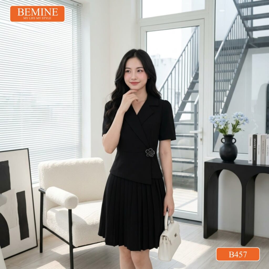 Đầm Thiết Kế BEMINE Dáng Chữ A Cổ Vest Tùng Xếp Ly B457 1 Đầm Thiết Kế BEMINE Dáng Chữ A Cổ Vest Tùng Xếp Ly B457