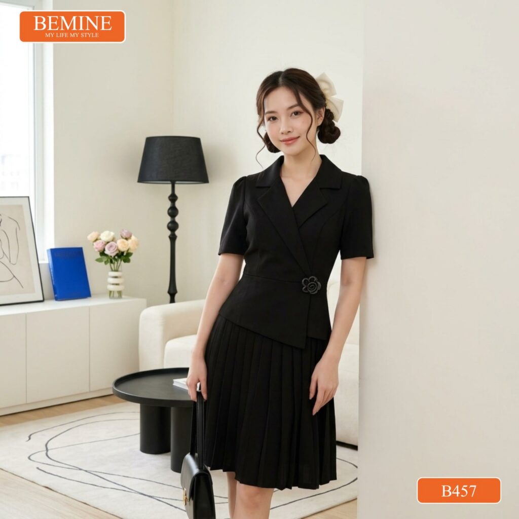 Đầm Thiết Kế BEMINE Dáng Chữ A Cổ Vest Tùng Xếp Ly B457