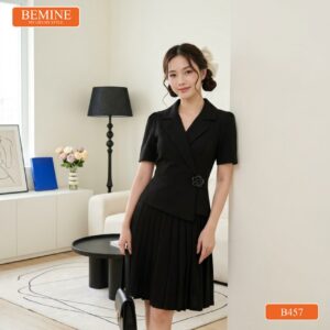Đầm Thiết Kế BEMINE Dáng Chữ A Cổ Vest Tùng Xếp Ly B457