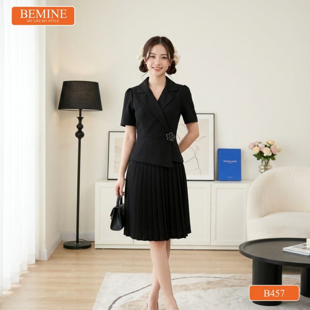 Đầm Thiết Kế BEMINE Dáng Chữ A Cổ Vest Tùng Xếp Ly B457 4 Phong cách thời trang nữ tính sang trọng với đầm B457.