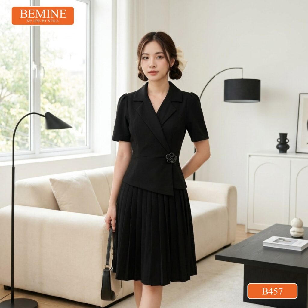 Ảnh chụp toàn thân đầm BEMINE B457 công sở nhã nhặn.