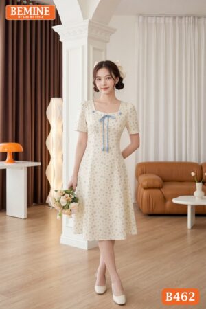 Mẫu đầm công sở BEMINE B462 in hoa trẻ trung và nữ tính.