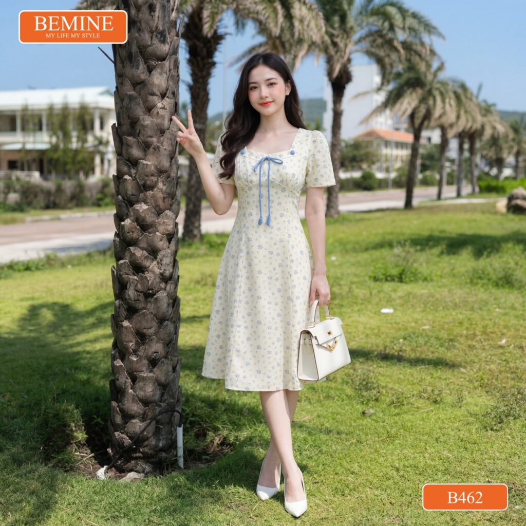 Đầm thiết kế BEMINE B462 dáng chữ A cổ vuông thanh lịch.