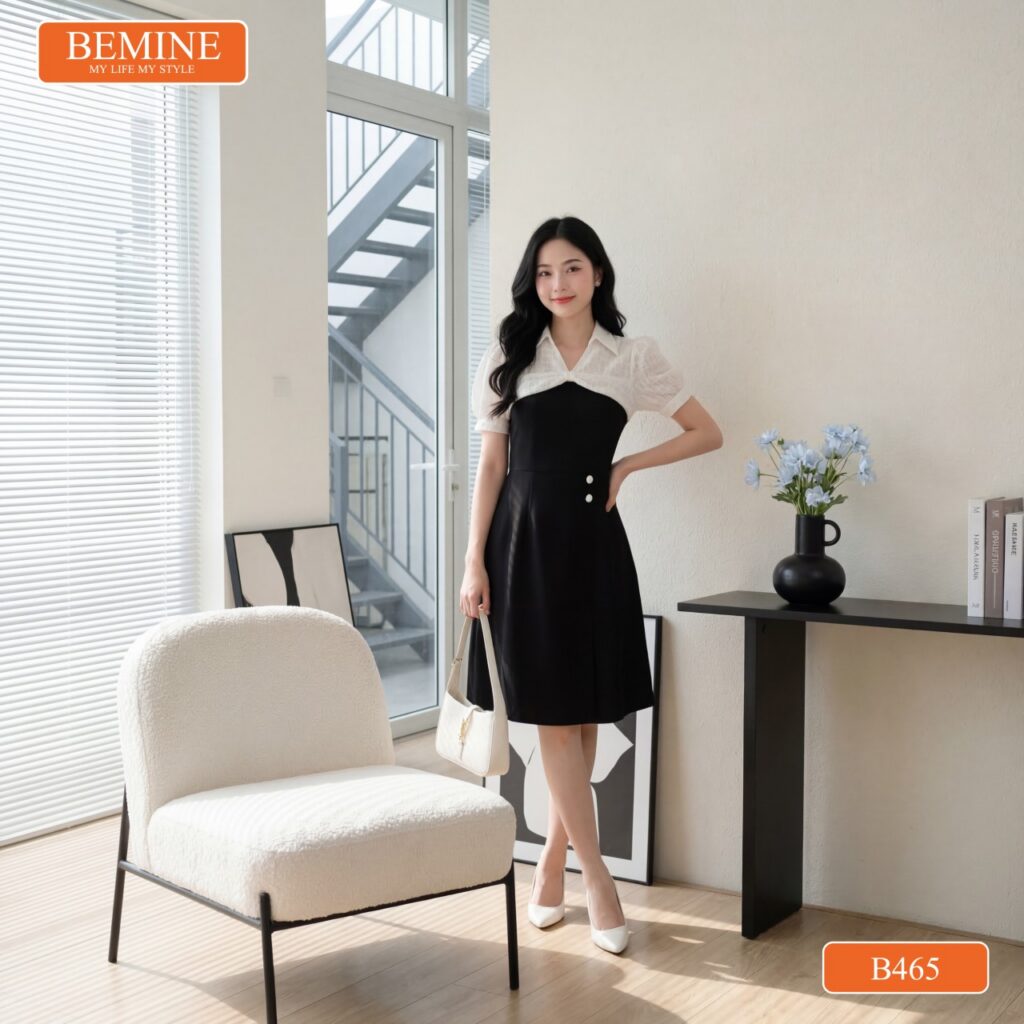 Đầm thiết kế BEMINE B465 chữ A cổ sơ mi phối ren thanh lịch.