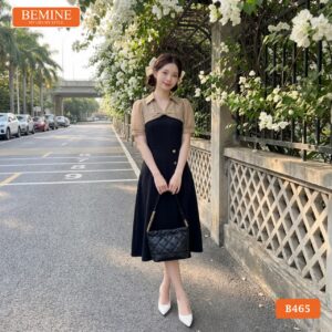 Chi tiết phối ren thêu hoa tinh tế trên mẫu đầm BEMINE B465.