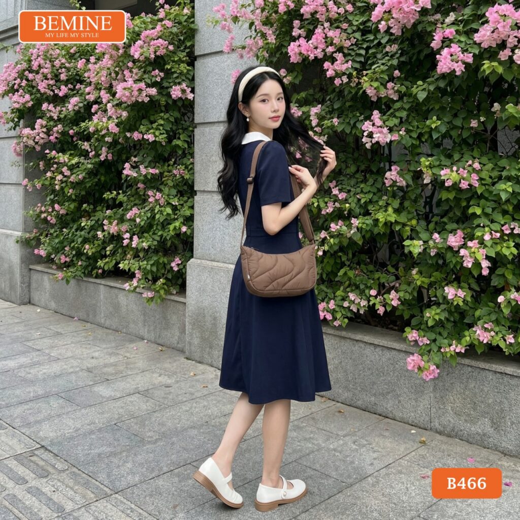 Đầm chữ A B466 thiết kế cổ tròn giúp che khuyết điểm hiệu quả.