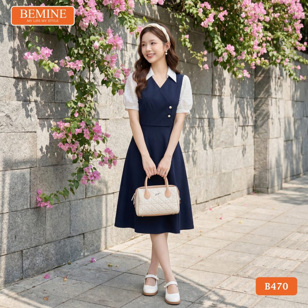 Đầm Thiết Kế BEMINE Dáng Chữ A Cổ Sơ Mi Phối Ren B470 1 Mẫu đầm thiết kế BEMINE dáng chữ a cổ sơ mi phối ren B470 với phong cách cổ điển kết hợp hơi thở hiện đại.