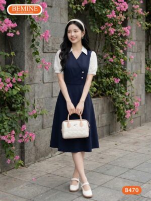 Đầm Thiết Kế BEMINE Dáng Chữ A Cổ Sơ Mi Phối Ren B470 hình ảnh