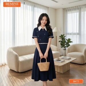 Đầm BEMINE B473 cổ sơ mi phối khóa kéo hiện đại.