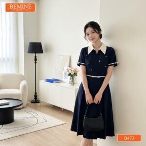 Ảnh chụp toàn thân đầm thiết kế BEMINE B473 nhã nhặn.