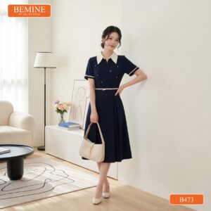 Đầm thiết kế BEMINE B473 cổ sơ mi phối khóa kéo trước.