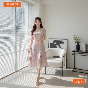 Đầm BEMINE B474 họa tiết in hoa phù hợp đi làm và đi chơi.