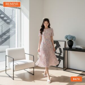 Chi tiết xếp ly tinh tế trên mẫu đầm thiết kế BEMINE B474.