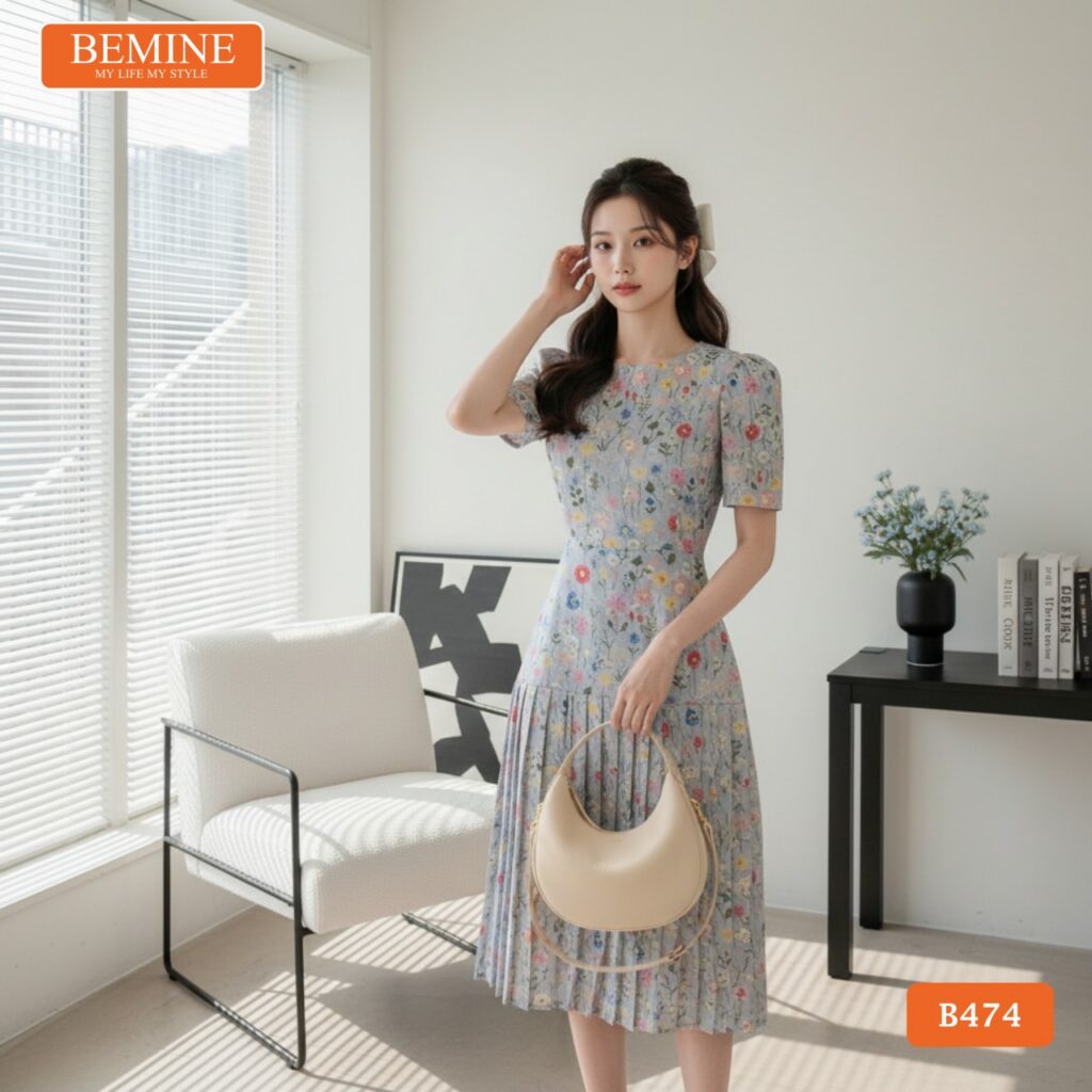 Cao 1m50 Nên Mặc Váy Gì? Kiểu Đầm Hack Dáng Cho Nàng Nấm Lùn 9 Người mẫu diện đầm BEMINE B474 in hoa trẻ trung và nữ tính.