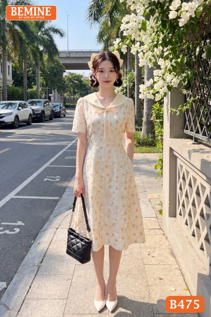 Đầm Thiết Kế BEMINE Chữ A Cổ Thủy Thủ Họa Tiết Nơ B475 3 Đầm thiết kế BEMINE B475 dáng chữ A cổ thủy thủ thanh lịch.