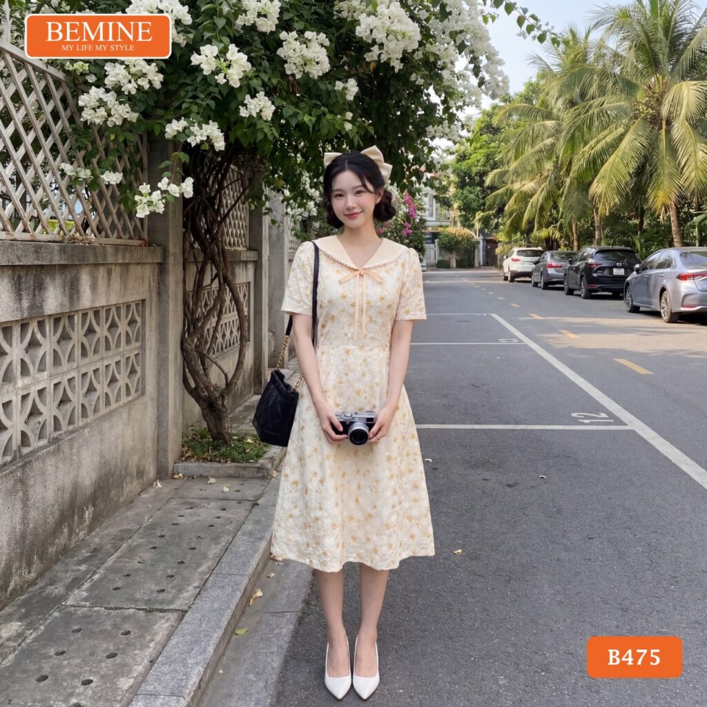 Đầm Thiết Kế BEMINE Chữ A Cổ Thủy Thủ Họa Tiết Nơ B475 2 Thiết kế đầm chữ A cổ thủy thủ thương hiệu BEMINE mã B475.