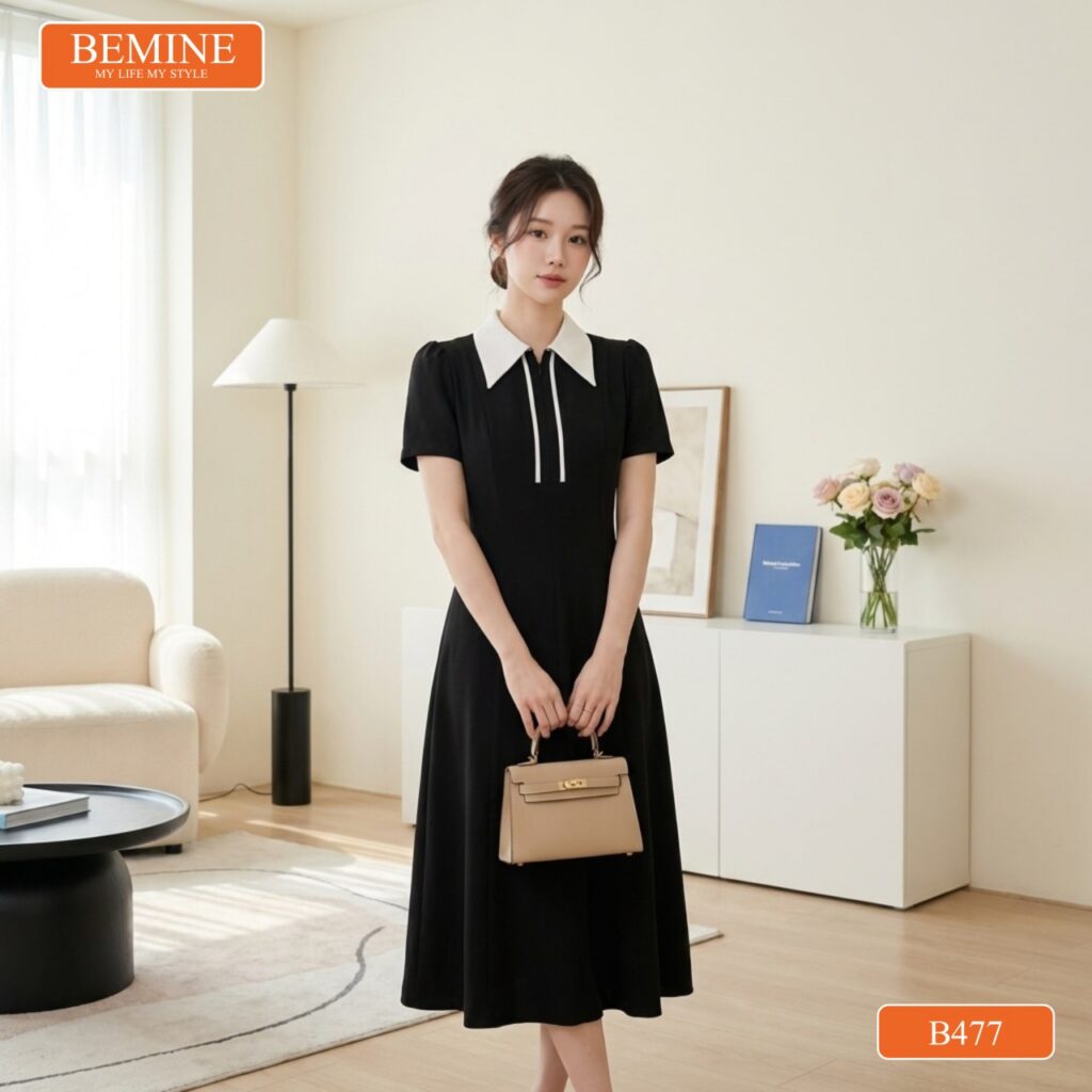 Bí Quyết Chọn Váy Dài Chuẩn Dáng Giúp Nàng Thon Gọn Hơn 4 Đầm thiết kế BEMINE B477 cổ sơ mi phối khóa kéo.