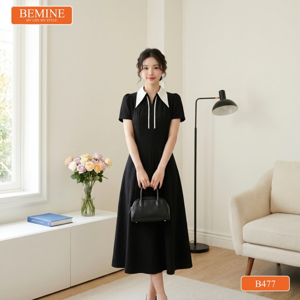 Ảnh chụp toàn thân đầm thiết kế BEMINE B477 công sở.