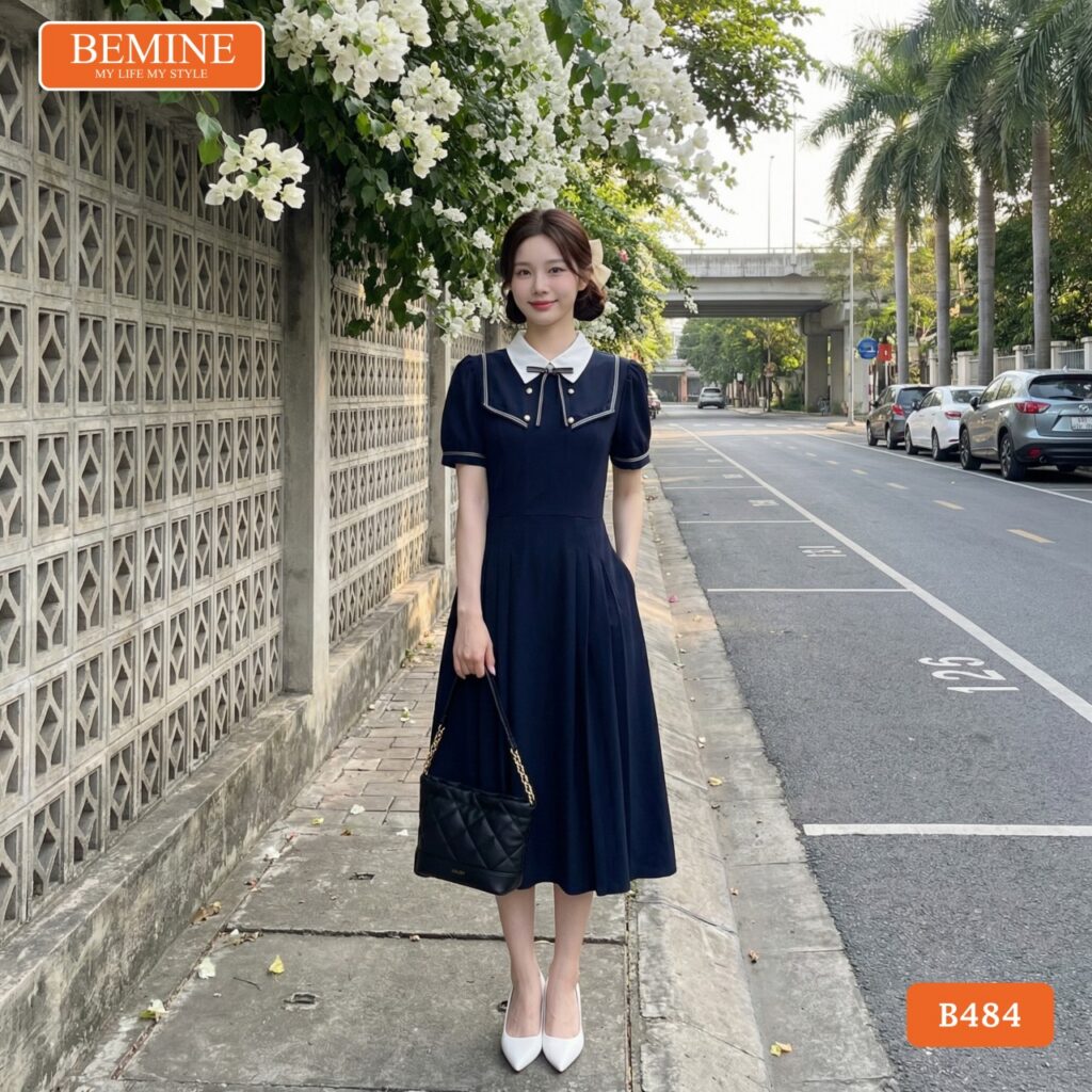 Đầm Thiết Kế BEMINE Dáng Chữ A Cổ Đức Chạy Viền B484