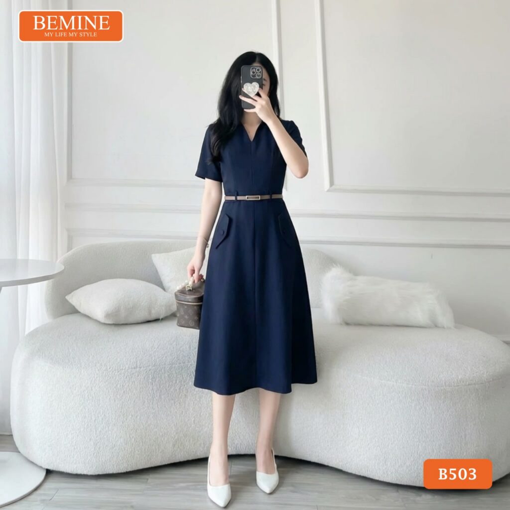 Đầm Thiết Kế BEMINE Chữ A Cổ Sơ Mi Xẻ V Thắt Lưng B503 4 Đầm BEMINE B503 dáng chữ A phù hợp đi làm và gặp gỡ đối tác.
