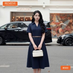 Đầm Thiết Kế BEMINE Chữ A Cổ Sơ Mi Xẻ V Thắt Lưng B503 thanh lịch.