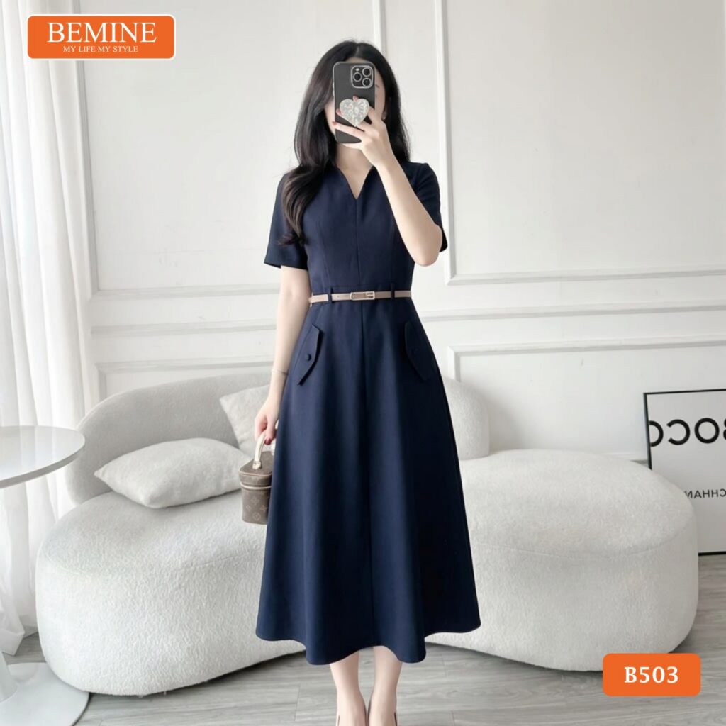 Thiết kế đầm chữ A cổ sơ mi xẻ V thương hiệu BEMINE mã B503.