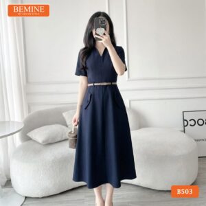 Thiết kế đầm chữ A cổ sơ mi xẻ V thương hiệu BEMINE mã B503.