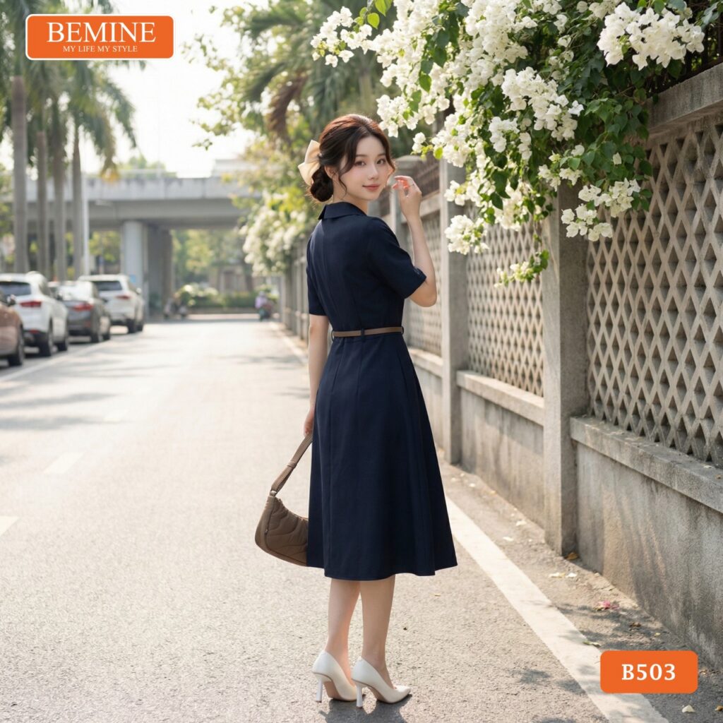 Đầm Thiết Kế BEMINE Chữ A Cổ Sơ Mi Xẻ V Thắt Lưng B503 2 Phong cách thời trang nữ tính sang trọng với mẫu đầm BEMINE B503.