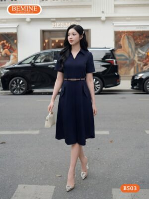 Đầm Thiết Kế BEMINE B503 dáng chữ A cổ sơ mi xẻ V thanh lịch.