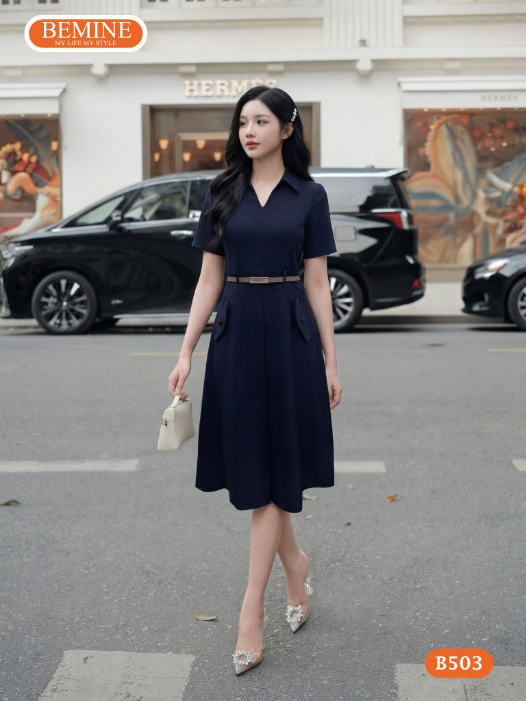 Đầm Thiết Kế BEMINE Chữ A Cổ Sơ Mi Xẻ V Thắt Lưng B503 3 Đầm Thiết Kế BEMINE B503 dáng chữ A cổ sơ mi xẻ V thanh lịch.