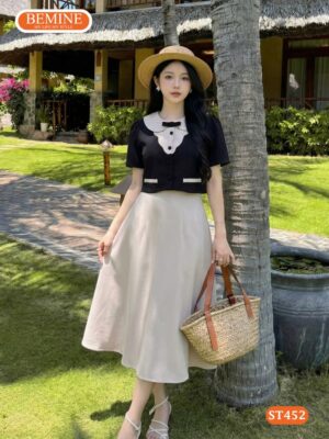 Set thiết kế BEMINE áo cổ sen phối gợn chân váy chữ A dáng dài-ST452 hình ảnh