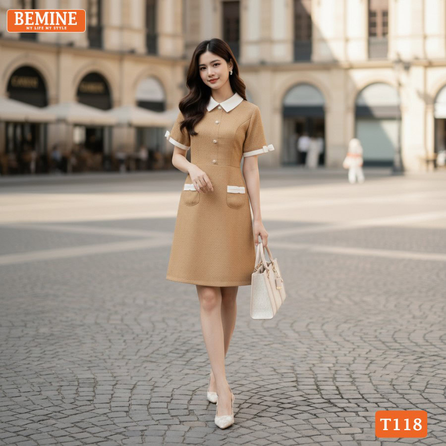 Ảnh chụp toàn thân đầm thiết kế BEMINE T118 màu sắc nhã nhặn.