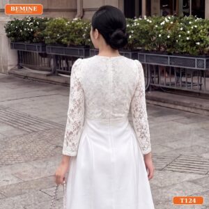Đầm Thiết Kế Đi Tiệc Cao Cấp BEMINE Dáng Chữ A Cổ Tròn Tay Dài Phối Ren T124 - áo kiểu