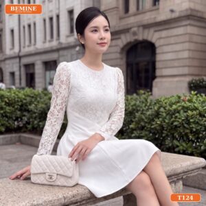 Đầm Thiết Kế Đi Tiệc Cao Cấp BEMINE Dáng Chữ A Cổ Tròn Tay Dài Phối Ren T124 - áo kiểu nữ