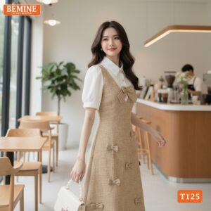 Cận cảnh chất liệu vải tweed cao cấp của mẫu đầm BEMINE T125.