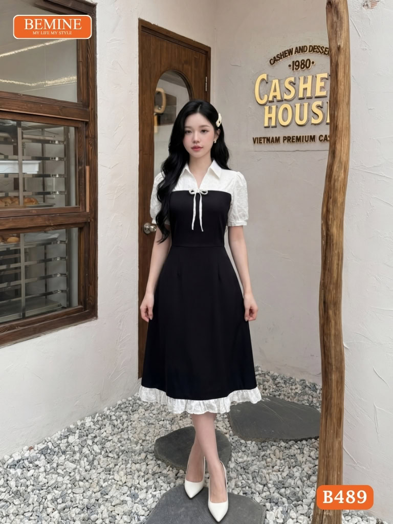 Đầm thiết kế BEMINE B489 cổ sơ mi phối xô ren đục lỗ.