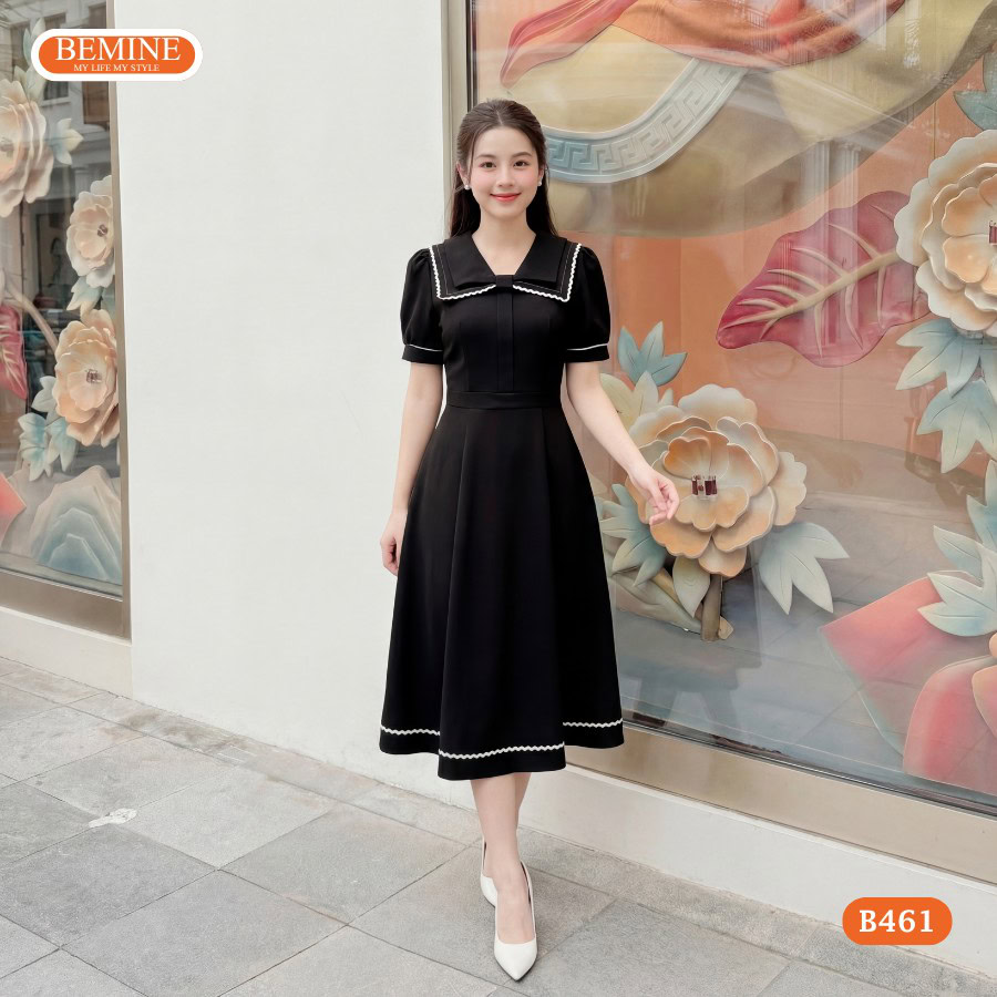 Đầm Thiết Kế BEMINE Dáng Chữ A Cổ Nơ Kiểu Chạy Viền B461 4 Người mẫu diện đầm B461 tự tin trong môi trường làm việc.