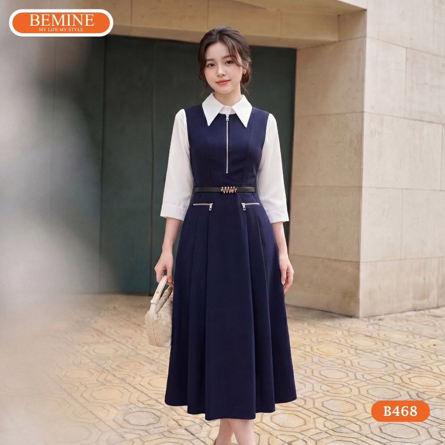 Thiết kế cổ sơ mi chỉn chu của mẫu đầm thiết kế BEMINE B468.