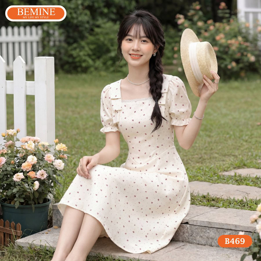 Đầm Thiết Kế BEMINE Cổ Vuông Họa Tiết Nơ Chữ A B469 Thanh Lịch 1 Mẫu đầm thiết kế BEMINE cổ vuông họa tiết nơ chữ a B469 sở hữu phom dáng chữ A kinh điển