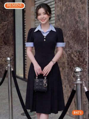 Đầm thiết kế BEMINE cổ sơ mi phối kẻ sọc dáng chữ A B471