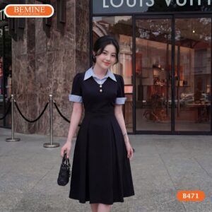 Hình ảnh thực tế đầm kẻ sọc BEMINE B471 chuẩn phom dáng.