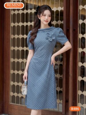 Đầm thiết kế BEMINE chữ a cổ trụ chấm bi công sở B486