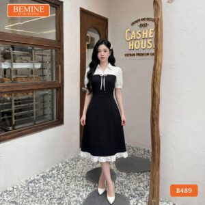 Thiết kế đầm chữ A phối ren đục lỗ thương hiệu BEMINE mã B489.