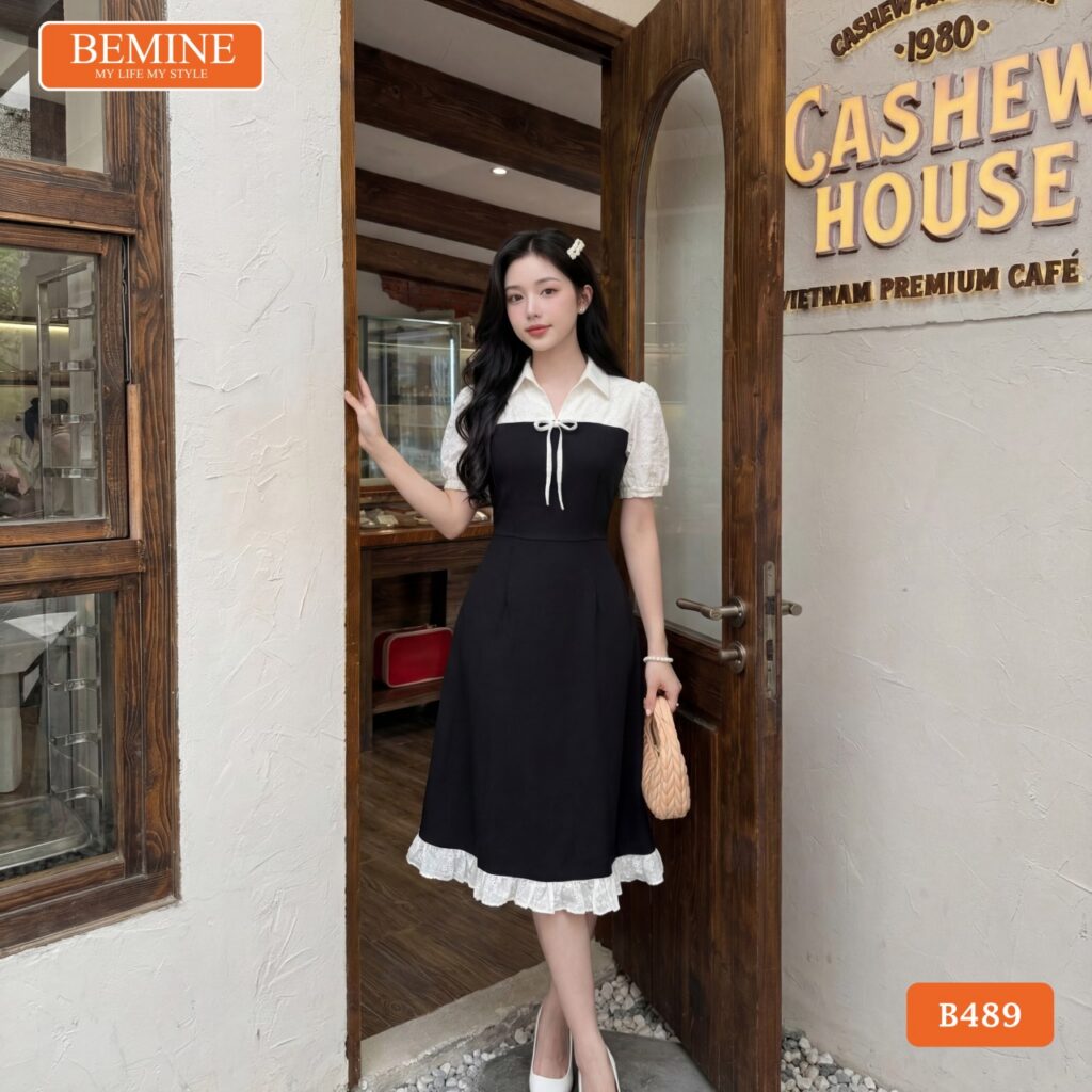 Đầm Thiết Kế BEMINE Dáng Chữ A Cổ Sơ Mi Phối Ren Đục Lỗ B489 3 Phong cách thời trang nữ tính và trẻ trung với đầm B489.