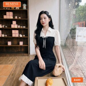 Ảnh chụp toàn thân đầm thiết kế BEMINE B489 cổ sơ mi.