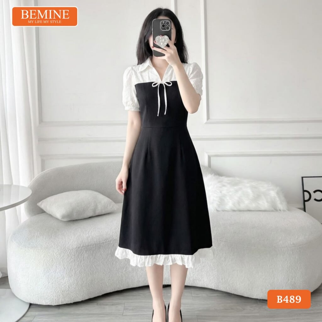 Cận cảnh chất liệu vải cao cấp của mẫu đầm BEMINE B489.