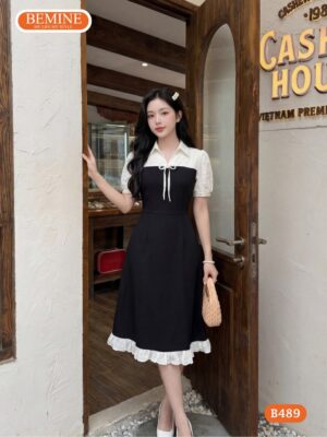 Đầm Thiết Kế BEMINE Dáng Chữ A Cổ Sơ Mi Phối Ren Đục Lỗ B489 hình ảnh