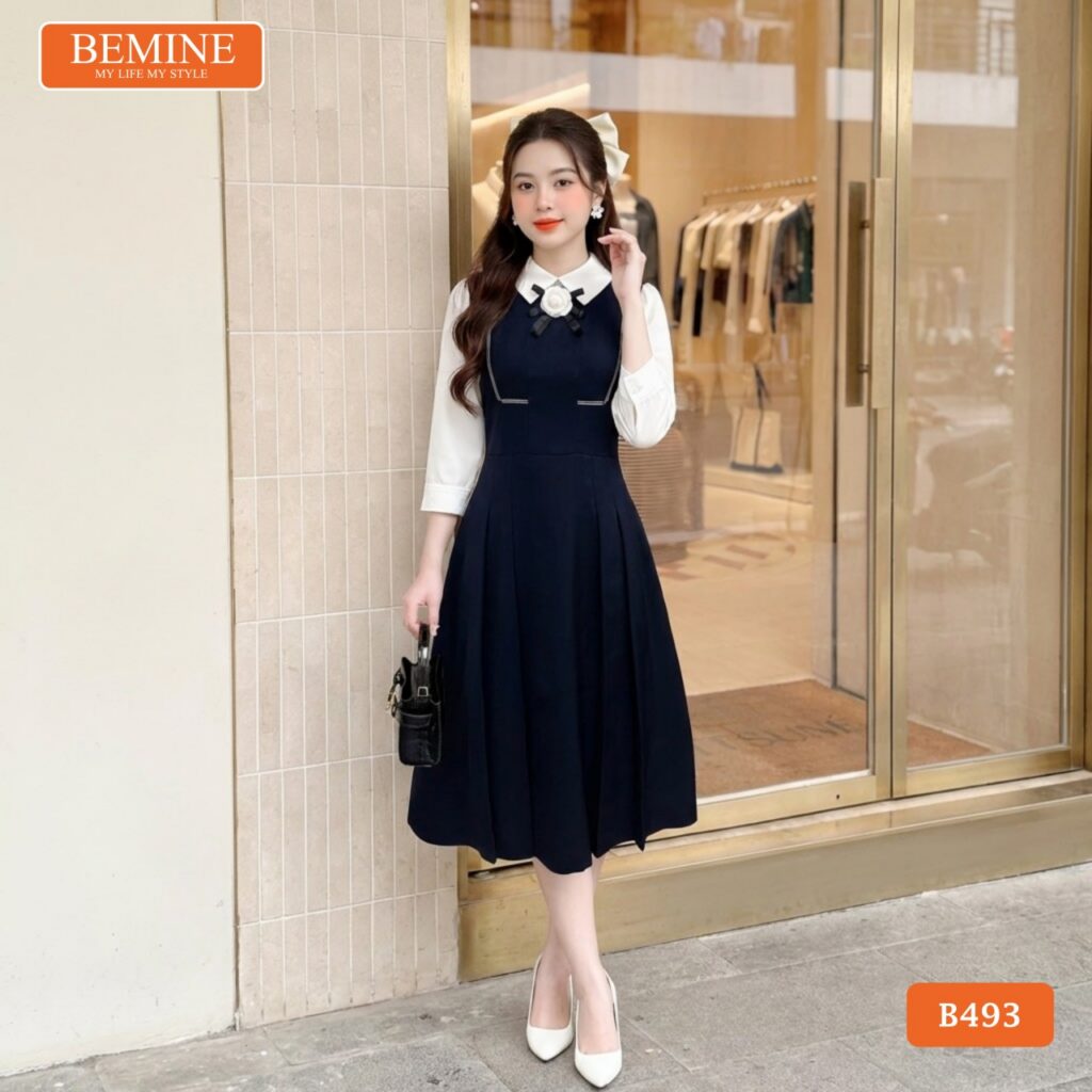 Bí Quyết Chọn Váy Dài Chuẩn Dáng Giúp Nàng Thon Gọn Hơn 2 Mẫu đầm công sở BEMINE B493 tay lửng dáng chữ A tôn dáng.