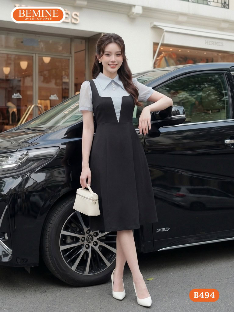 Đầm thiết kế BEMINE B494 dáng chữ a giúp che khuyết điểm vùng hông.